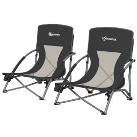 Set of 2 Folding Beach Chairs with Mesh Back, Carry Bag and Cup Holder for Outdoor Camping Lawn Sports Picnic, Black