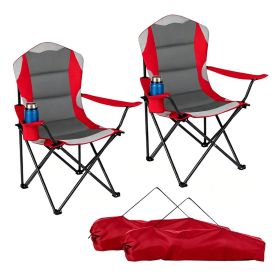 2 Pack Heavy Duty Folding Camping Chairs 330 LBS Capacity, 600D Oxford Padded Portable Outdoor Lawn Chairs with Cup Holder & Carry Bag -Red