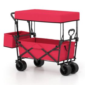 Foldable Utility Wagon,Adjustable Handle Outdoor Wagon, Puncture-Proof Wheels with Brakes, Removable Bag & Side Pockets-Red (Option: defaulttitle)